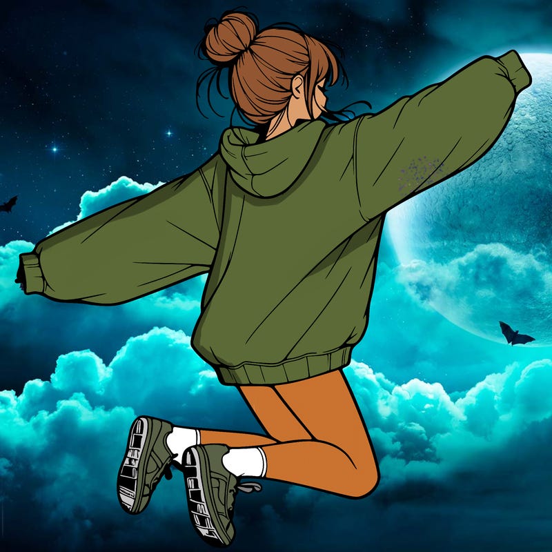 realistic girl jumping with a bun and oversized sweatshirt