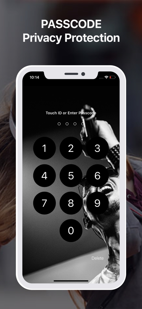iMusic Video Player Offline - A smartphone screen displaying a passcode lock for privacy protection in the iMusic Video Player Offline app.
