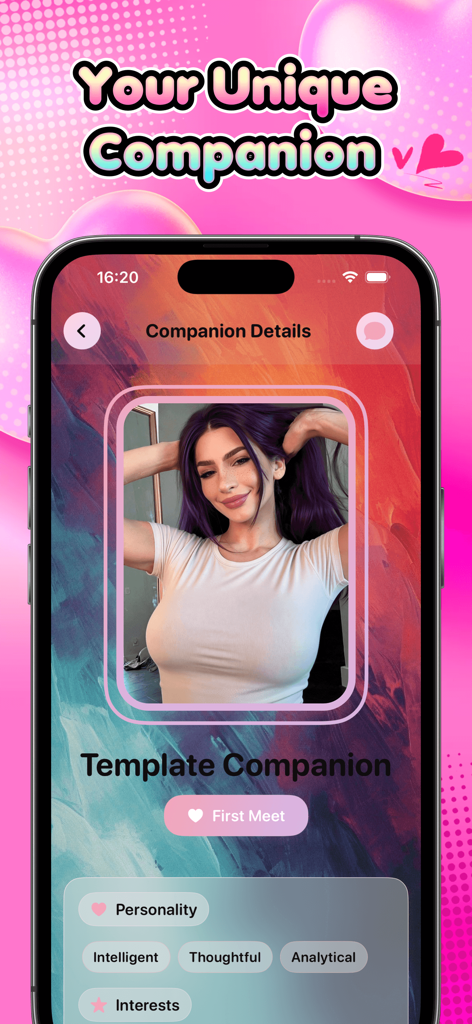Twek - Twek app interface showing an AI companion profile with a portrait image and personality traits like intelligent and thoughtful