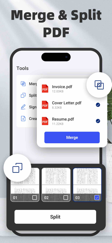 AI PDF Converter: Files to PDF - Mobile App-Oberfläche, die zeigt, wie mehrere PDF-Dateien zusammengeführt und Dokumentseiten auf einem iPhone aufgeteilt werden.