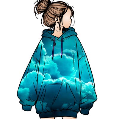 realistic girl with a oversized sweatshirt on and a bun