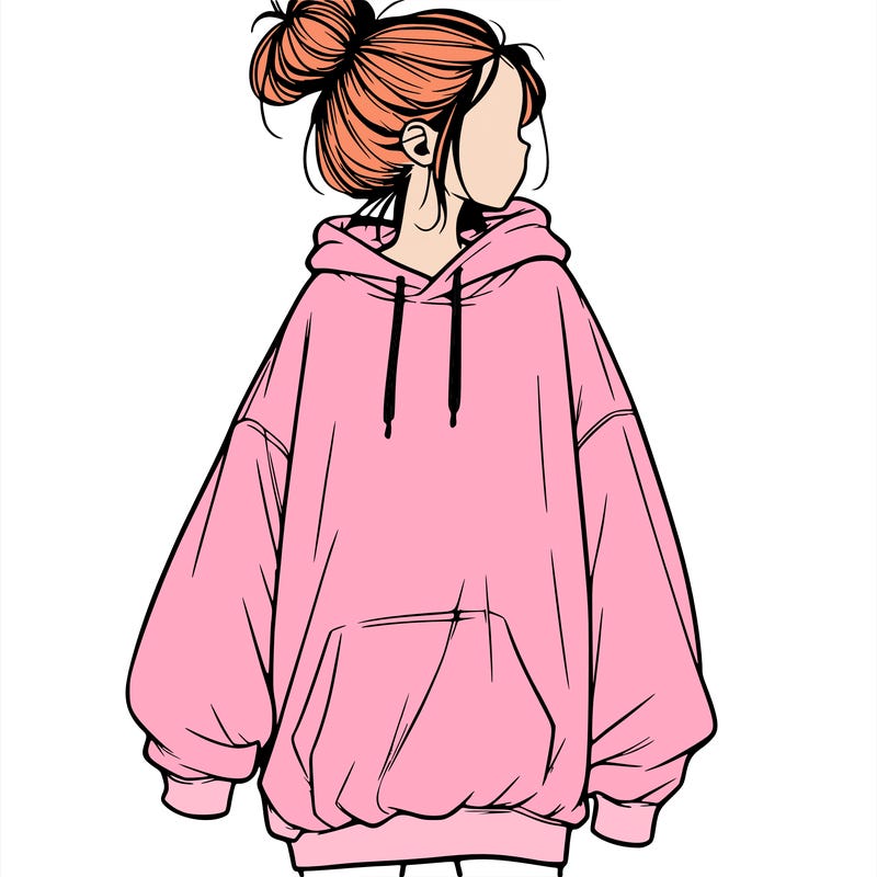 realistic girl with a oversized sweatshirt on and a bun
