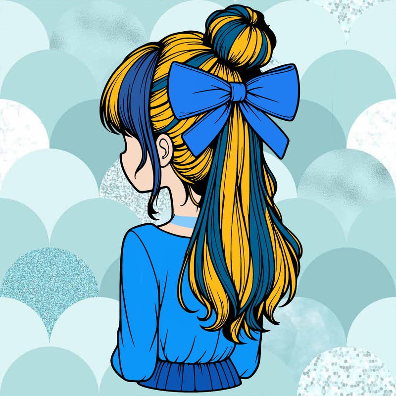 realistic girl  with hip length hair a bun and a big bow on the back of head