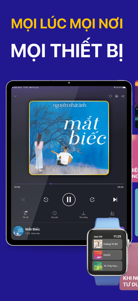 Die Voiz FM Hörbuch-App wird auf iPad und Apple Watch mit vietnamesischer Literatur gezeigt.