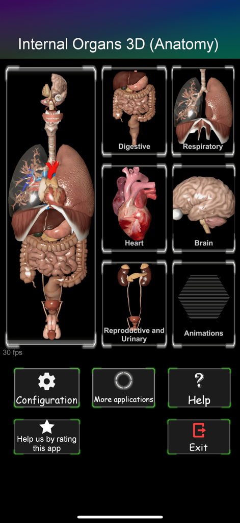 Pantalla del menú principal de la aplicación Organs 3D que muestra varios sistemas anatómicos humanos en tres dimensiones