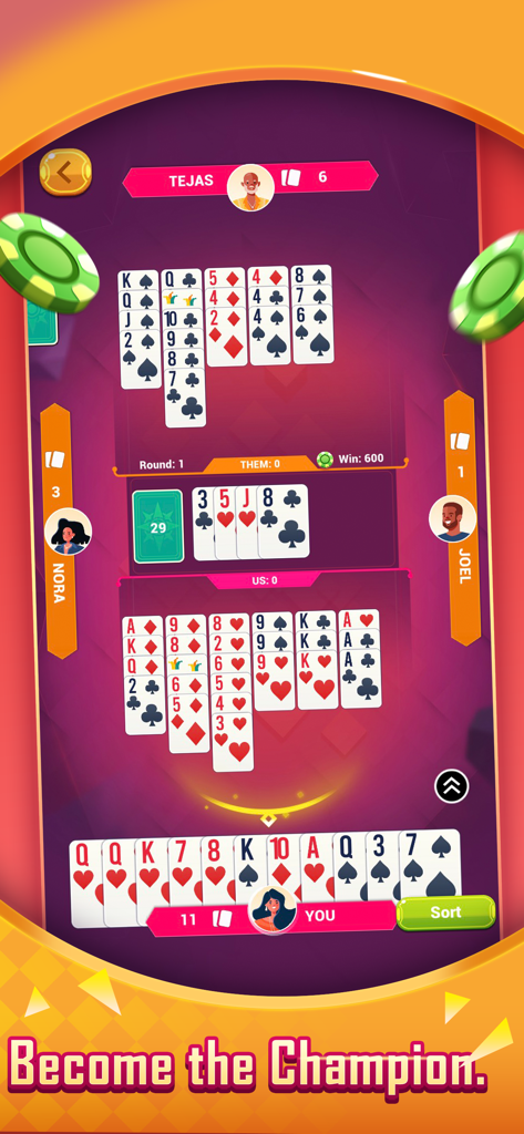 Buraco  Card Game - カードメルドとプレイヤーアバターを示すモバイル画面でのブラコ カードゲームのマルチプレイヤーマッチ