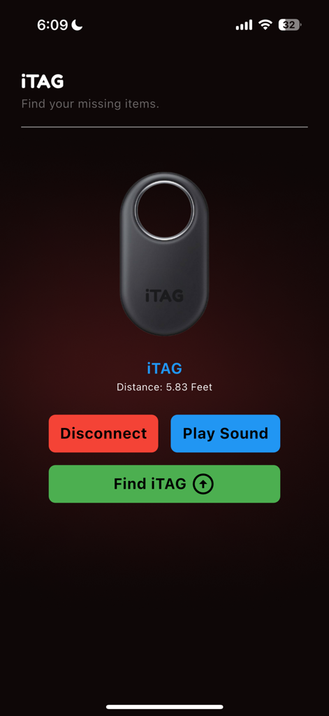iTag - iTag app user interface showing distance to a connected item tracker with options to play sound and find the tag