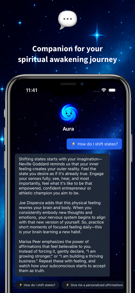 スピリチュアルな覚醒ガイダンスとマニフェステーションのアドバイスを提供するAuraチャットボットインターフェース、MetaMorphアプリ内
