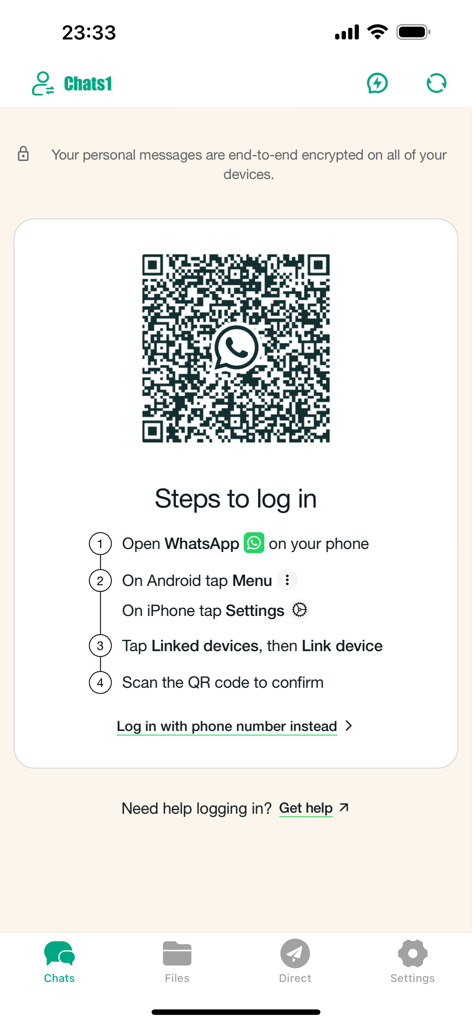 Clonapp Messenger - WA Web - Clonapp Messenger login screen showing QR code and steps to link a WhatsApp account.