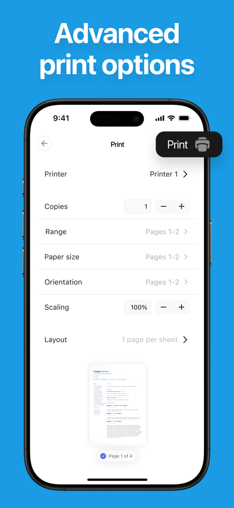 Smart Printer App. - Interface of the Smart Printer App displaying advanced print settings including copies range and paper size for a document