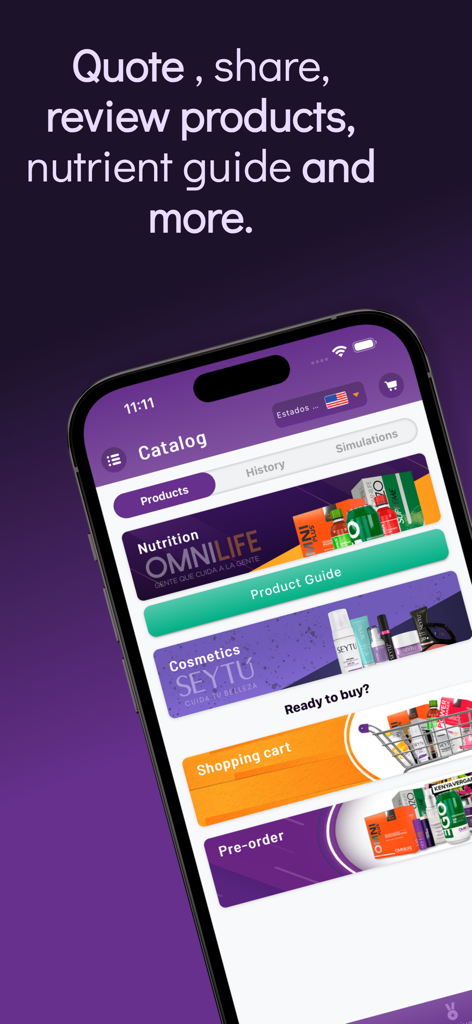 MI OMNINEGOCIO - MI OMNINEGOCIO app screenshot showing the Omnilife and Seytu product catalogs on an iPhone