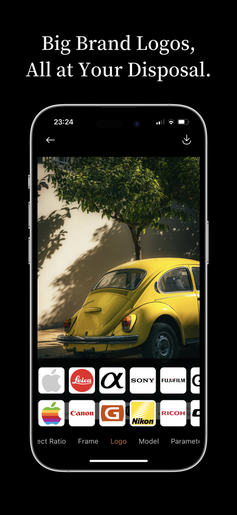OneLine：EXIF Frame & Watermark - ライカ、ソニー、ニコンなどのカメラブランドロゴの選択を表示し、黄色い車の写真に追加するOneLineアプリのインターフェース