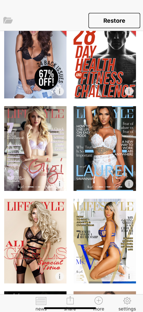 Bibliothèque numérique de couvertures du magazine Lifestyle For Men, abordant des sujets liés à la forme physique et au style de vie.