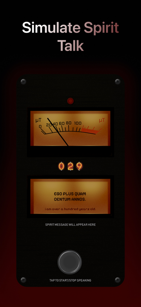 Void: Necrometer & Ghost Tube - Interface do aplicativo de caça a fantasmas Void mostrando um medidor de espírito analógico e uma mensagem traduzida de um espírito.