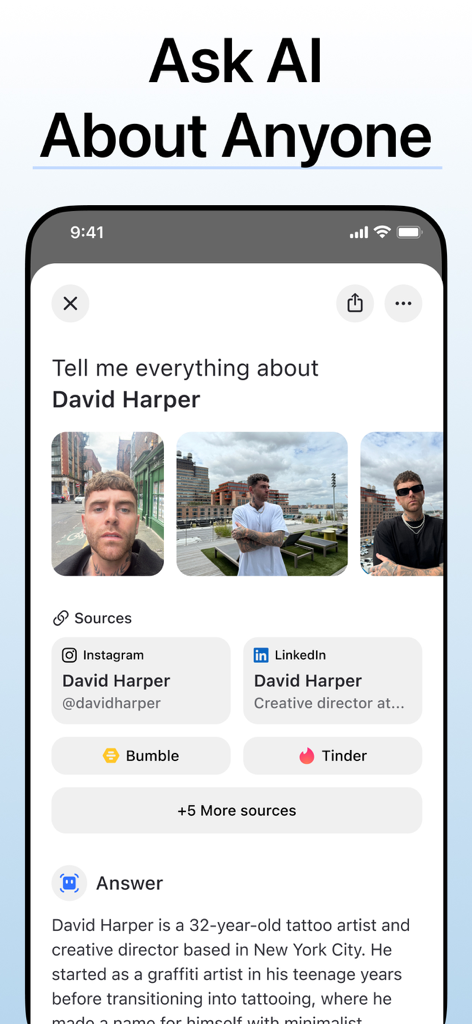 Deepsearch AI app screen showing search results for David Harper with photos and links to Instagram LinkedIn Bumble and Tinder profiles