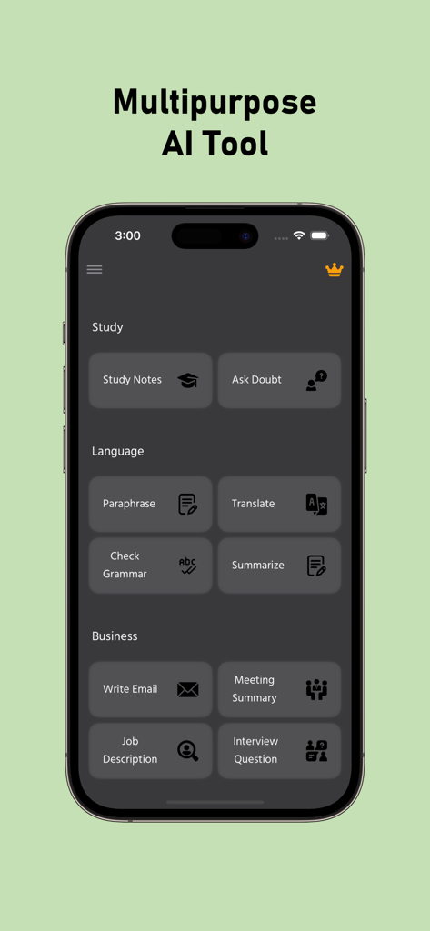 Interface do aplicativo Assistente de Escrita de IA mostrando ferramentas de produtividade para estudo, idioma e negócios.