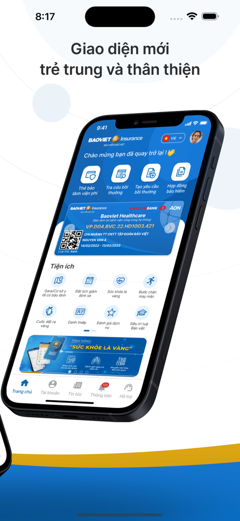 Baoviet Direct app interface showing a digital insurance card and medical claim features