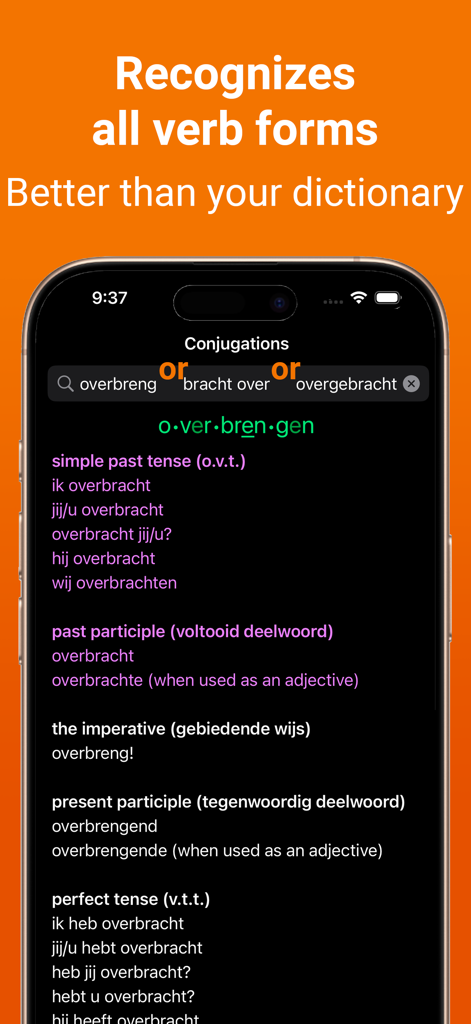 Dutch Verb Conjugations - オランダ語動詞活用アプリのインターフェース。動詞 overbrengen の活用がさまざまな時制で表示されています。