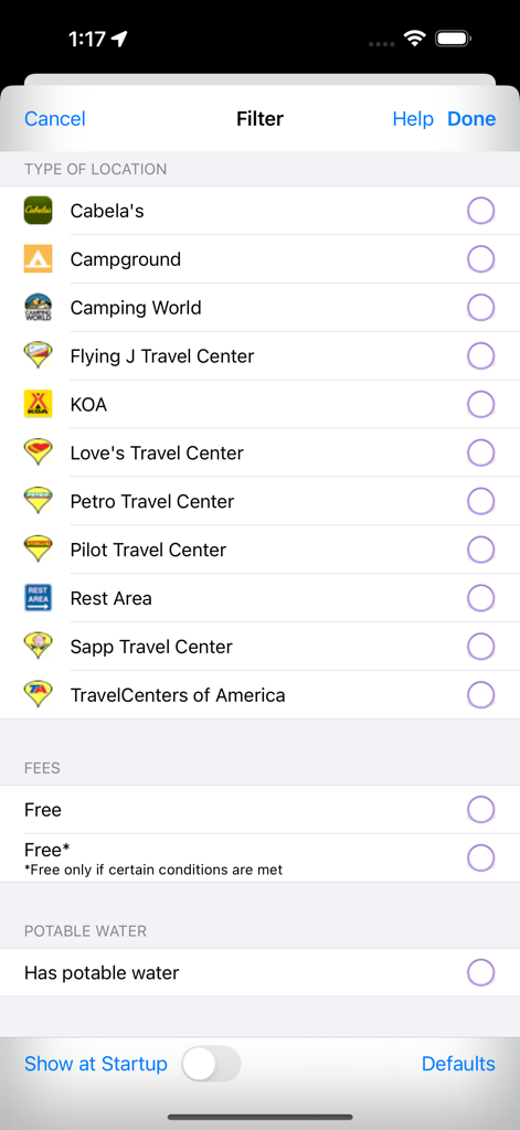 A screen from the RV Dump Stations app showing filter options for location types like campgrounds and travel centers as well as fees and potable water.