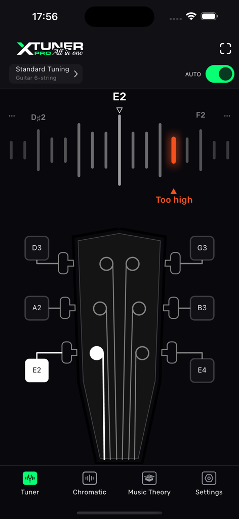 XTuner PRO - XTuner PRO app interface showing standard 6-string guitar tuning with a visual headstock and pitch indicator