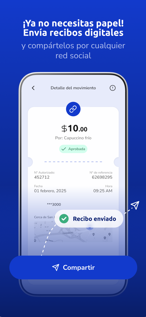 Interfaz de la aplicación móvil Poket que muestra un recibo de pago digital con un botón para compartirlo para transacciones comerciales