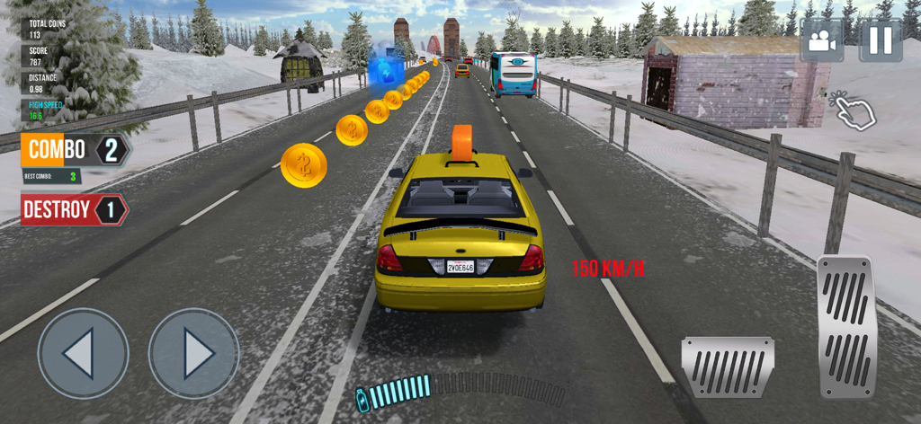 Taxi Car Driving Simulator 24 - Um táxi amarelo dirigindo em uma rodovia nevada coletando moedas de ouro no jogo mobile Taxi Car Driving Simulator 24