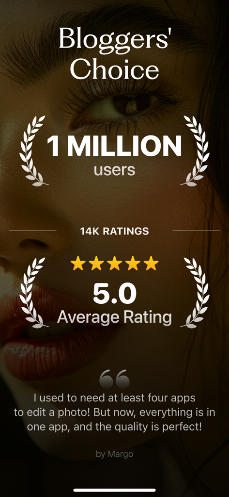 Zebra: Photo & Video Editor - Social proof screen for Zebra photo editor showing a five star rating and a one million user milestone