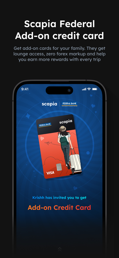 Scapia: A card for travellers - Scapia app screen showing an invitation to get an add-on credit card for family members with travel rewards and lounge access