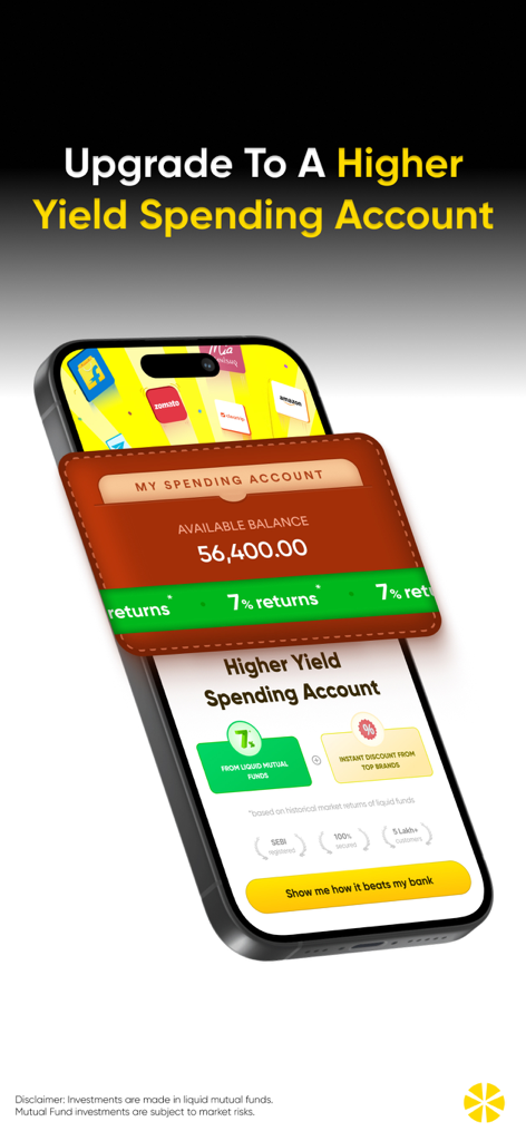 Multipl: Spending Account - Smartphone screen displaying the Multipl app interface featuring a high yield spending account with seven percent returns