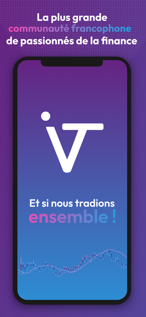 Interactiv Trading app welcome screen with logo and slogan in French about trading together as a community.