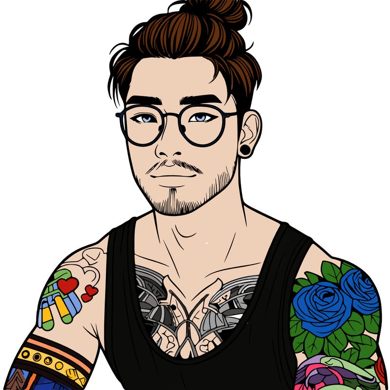 young attractive asian man with a man-bun, glasses, and tattoo's