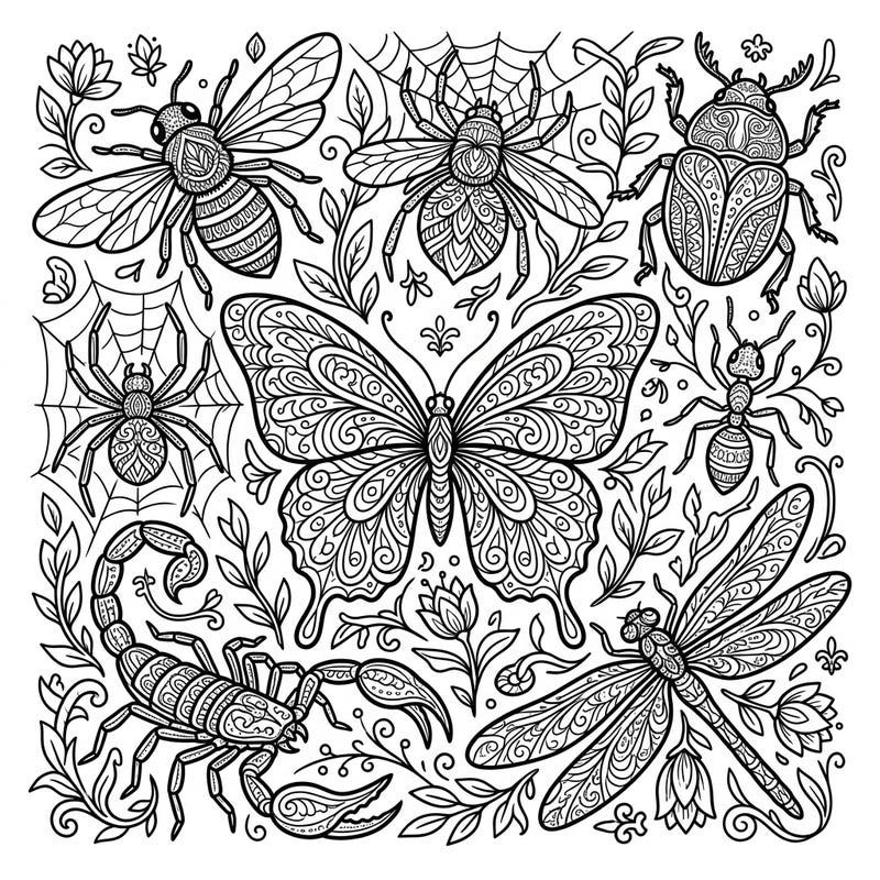 Embark on a detailed journey through the fascinating world of insects and arachnids with this exquisite adult coloring page. Its intricate designs offer a captivating way to unwind and express your artistic flair.