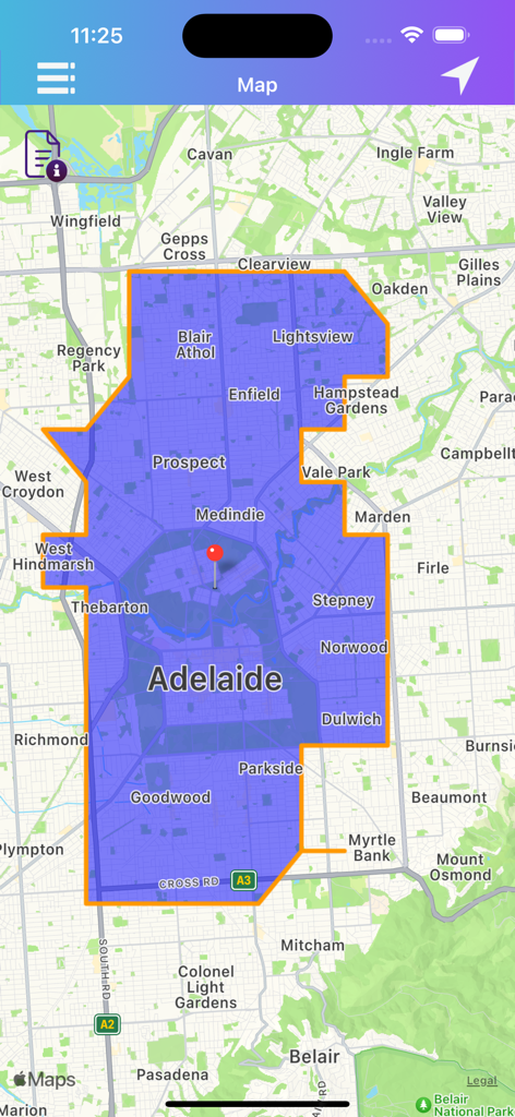 Mobile app interface displaying a blue polygon overlay on a map of Adelaide
