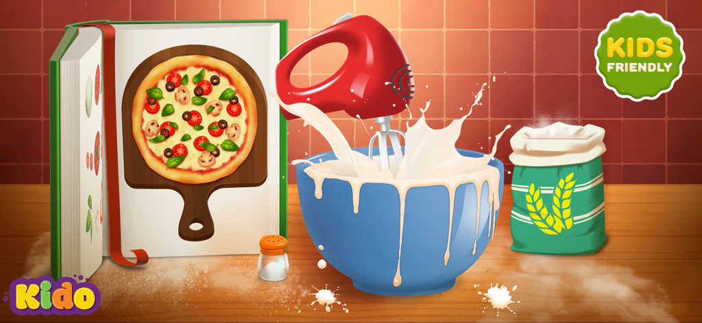Pizza Games Baking for Kids - Juego interactivo de hornear pizza para niños que muestra herramientas de cocina y un libro de recetas