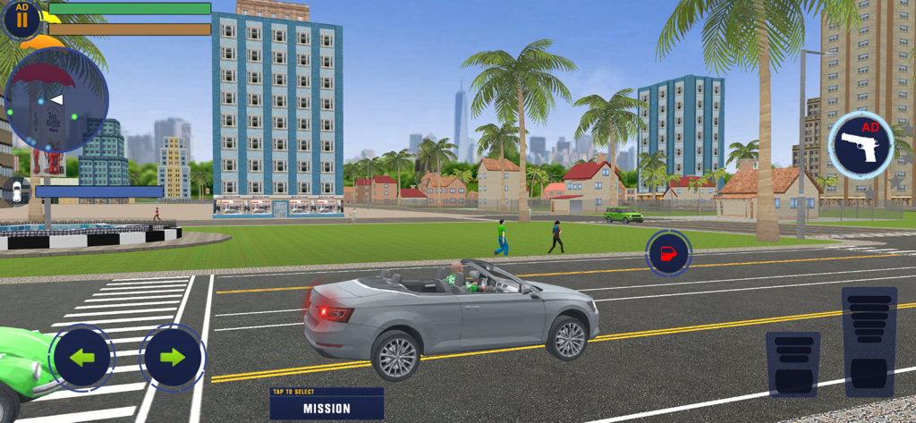 Urban Life: Endless Journey - Un coche gris conduciendo por una calle soleada de la ciudad en el juego de mundo abierto Urban Life Endless Journey.