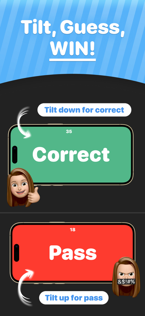 Headbands: Charades Party Game - Instructional screen for Headbands charades game showing phone tilt controls for correct and pass answers.
