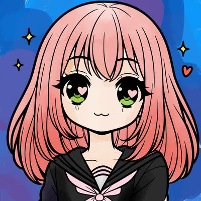 cute anime girl with shoulder length hair and straight fringe bangs and heart eye pupils