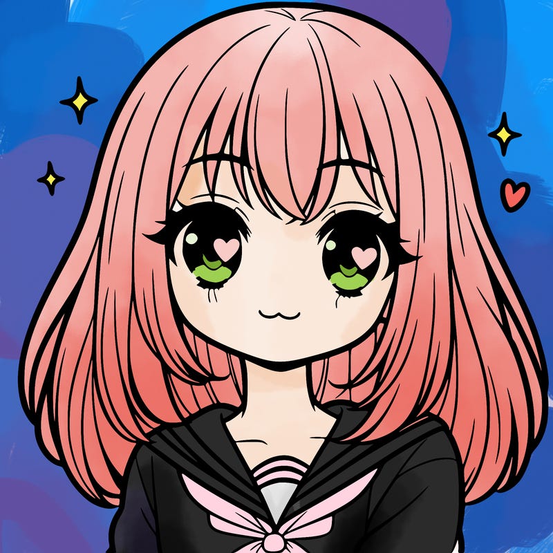 cute anime girl with shoulder length hair and straight fringe bangs and heart eye pupils