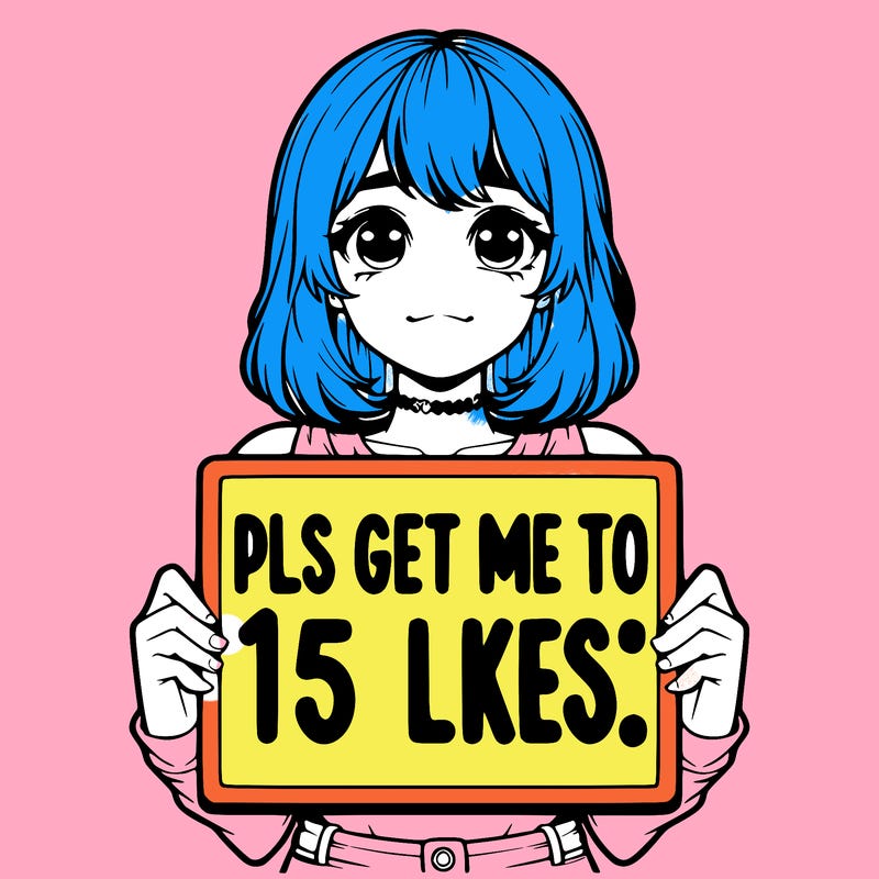 realistic girl holding up a sign that says “pls get me to 15 likes!”