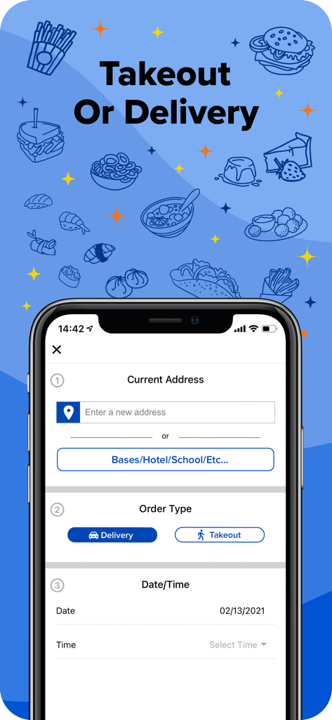 Woosh Delivery app interface showing address entry and selection for takeout or delivery with date and time options.