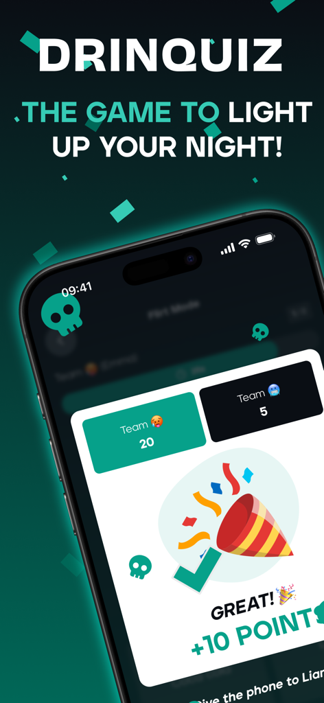 Interfaccia dell'app Drinquiz che mostra un tabellone di squadra e la celebrazione dei punti.