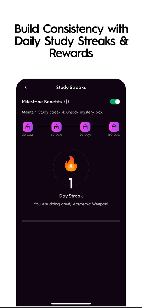 ExamCrush app interface showing daily study streaks and milestone rewards to build learning consistency