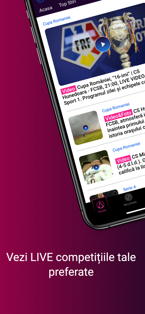 DigiSport - Interfaccia dell'app mobile DigiSport che mostra notizie sportive rumene e highlights video