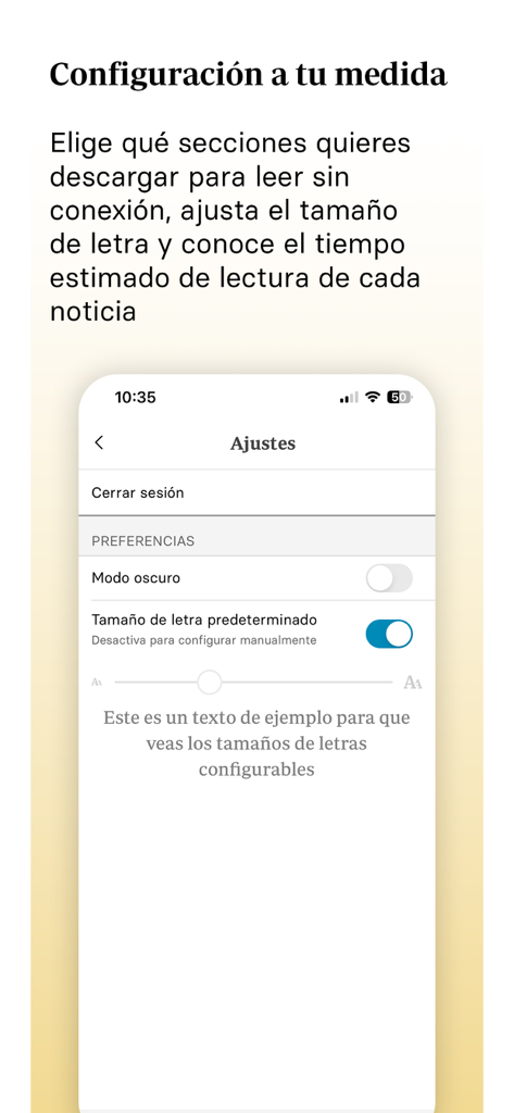 Pantalla de configuración de la aplicación Diario ABC mostrando el tamaño de fuente y las preferencias del modo oscuro