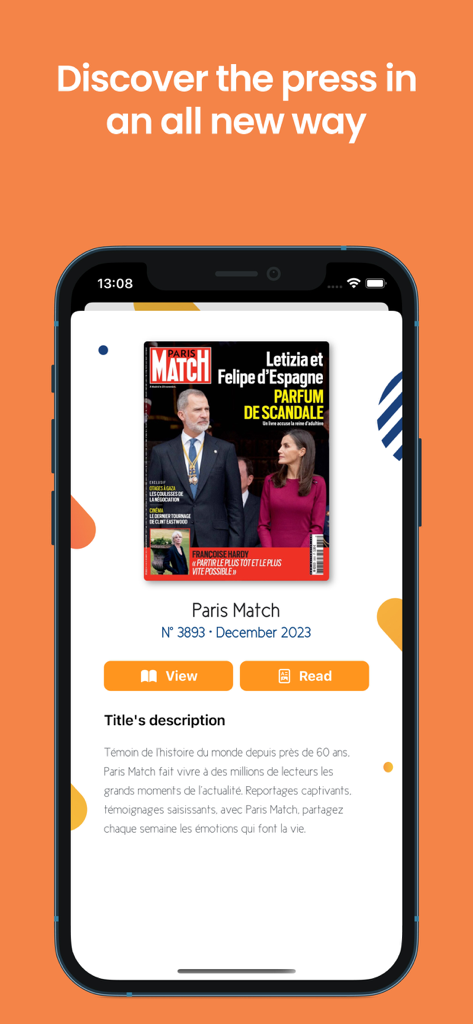 A smartphone displaying the Discover Press app interface with a Paris Match magazine cover and options to view or read.