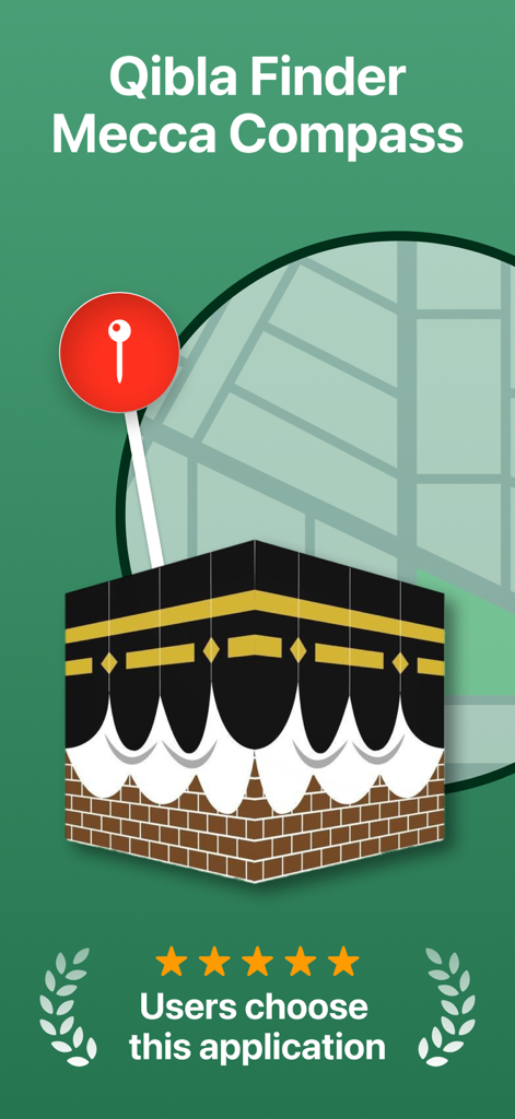 Qibla Finder & Mecca Compass - Écran d'introduction de l'application Qibla Finder présentant la Kaaba et une note utilisateur de cinq étoiles