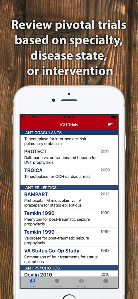ICU Trials mobile app interface showing clinical trial summaries categorized by medical specialty