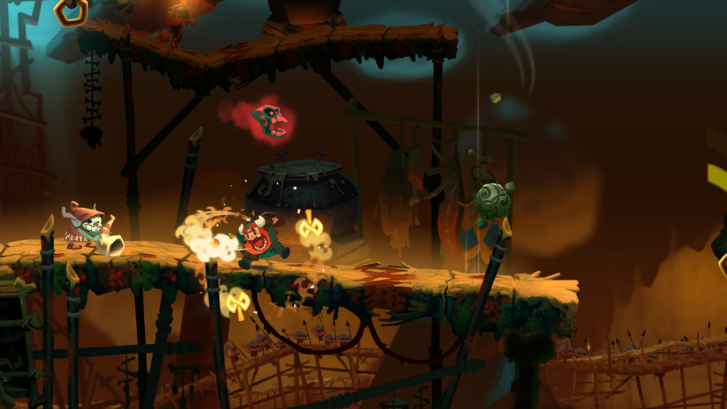 Oddmar - Oddmar the Viking attacking enemies in a dark hand-crafted cavern level