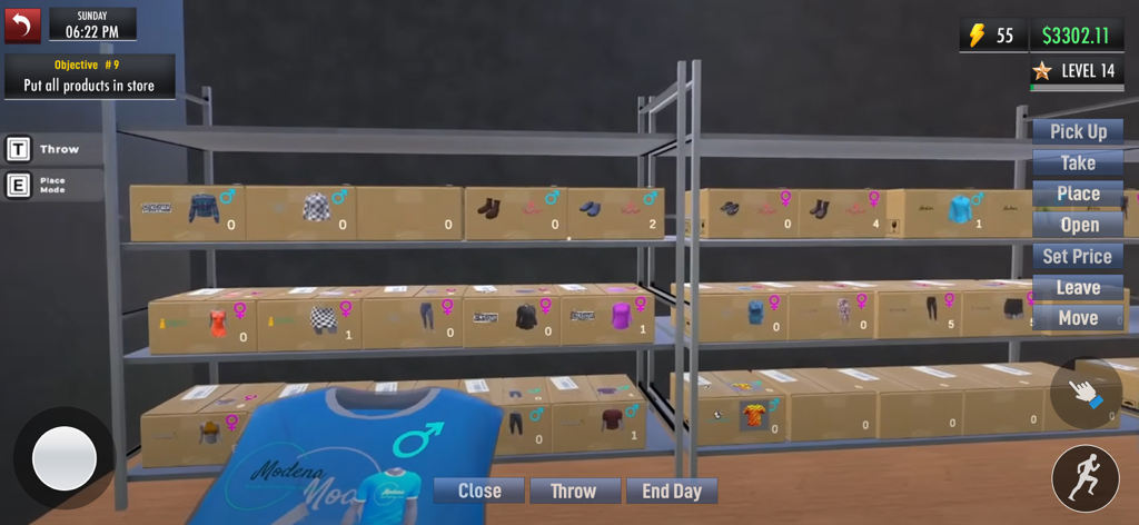 Clothing Store 3D Simulator - Stockroom view in Clothing Store 3D Simulator showing shelves filled with boxed inventory