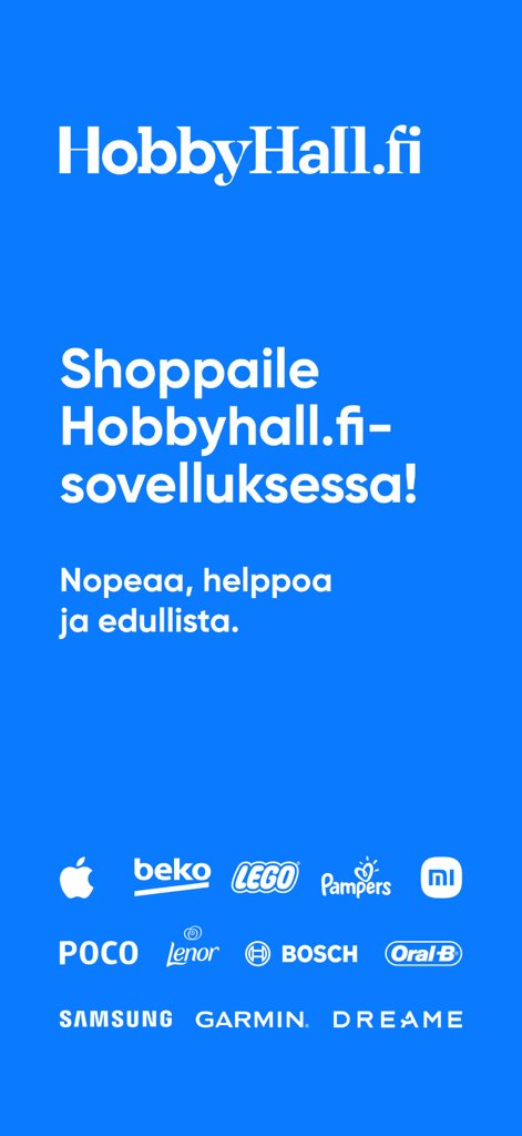 Hobbyhall.fi verkkokauppa - Hobbyhall.fi app welcome screen showing popular brand logos including Samsung, Apple, and Lego.